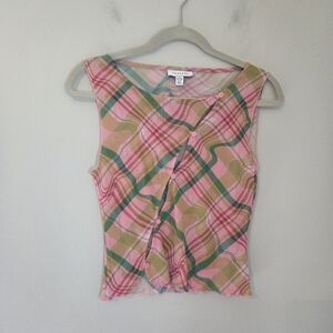 Topshop Plaid Asymmetric Tissue Mesh Sleeveless Blouse in Pink